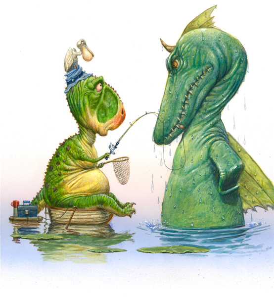 Art:  Dinosaur Goes Fishing  [a dinosaur fisherman makes a big catch:  another (bigger) dinosaur!]   Original art of a fish story by Jim Harris.